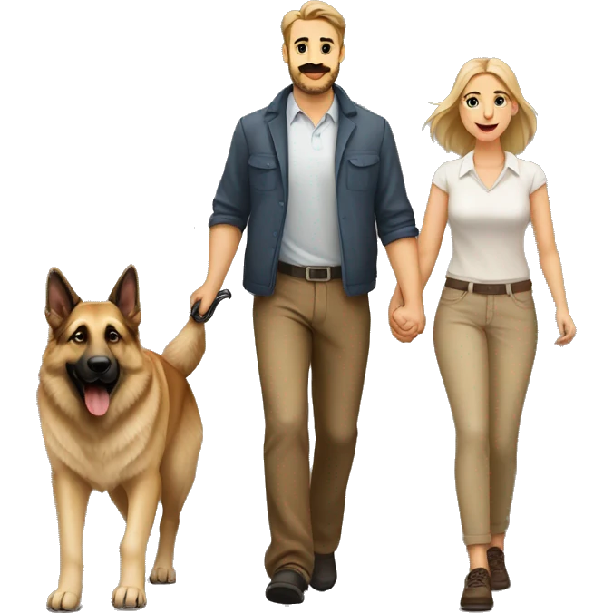 Couple walking two dogs. German shepherd. Anatolian shepherd  emoji
