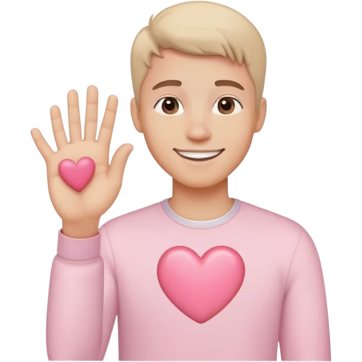 Smiling guy with a hand that makes a heart that has Light pastel pink heart next to the hand emoji