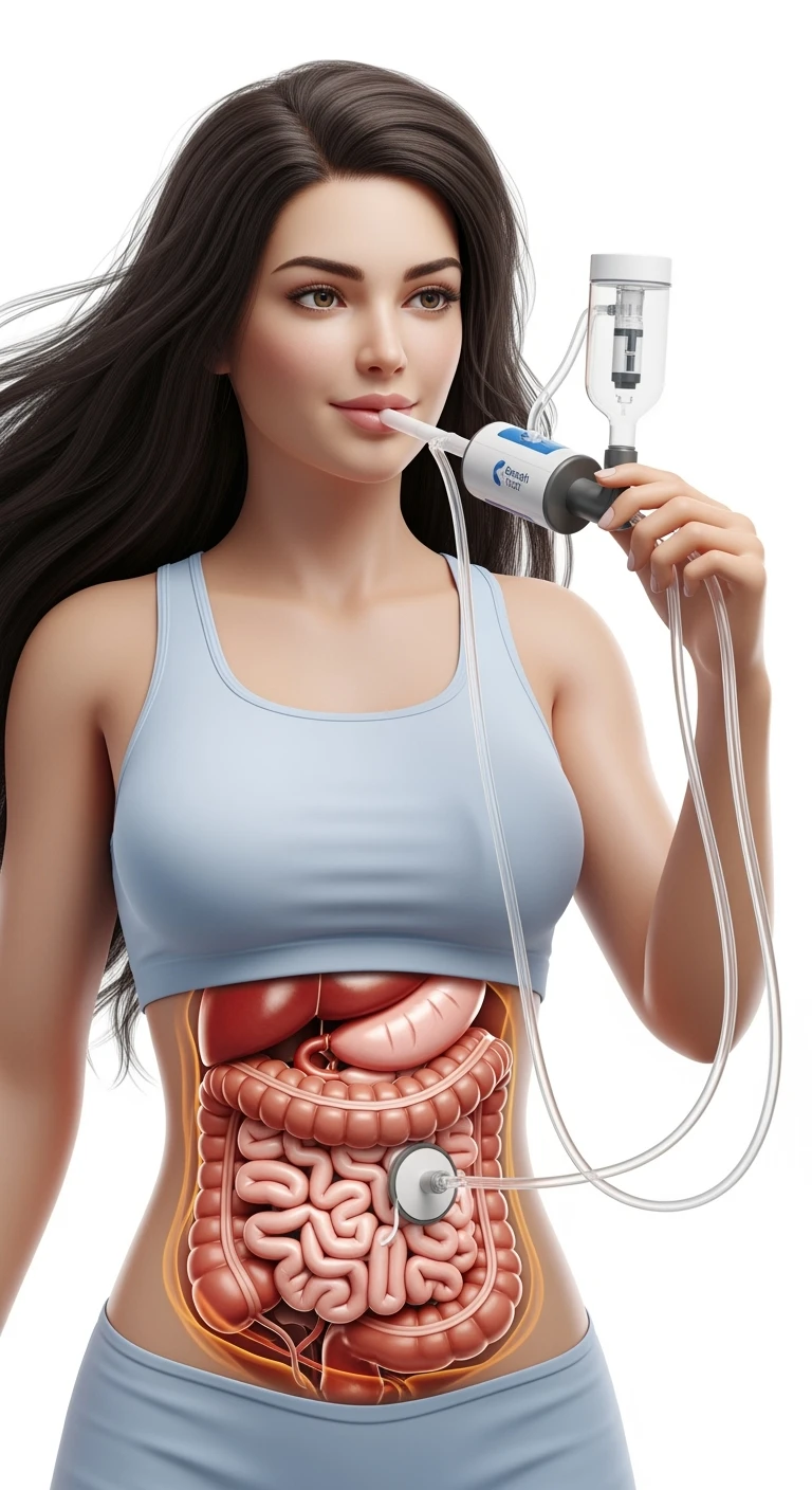 donna con intestino anatomico realistico in evidenza che fa il "Breath test", iperrealistica 4k, sfondo bianco emoji