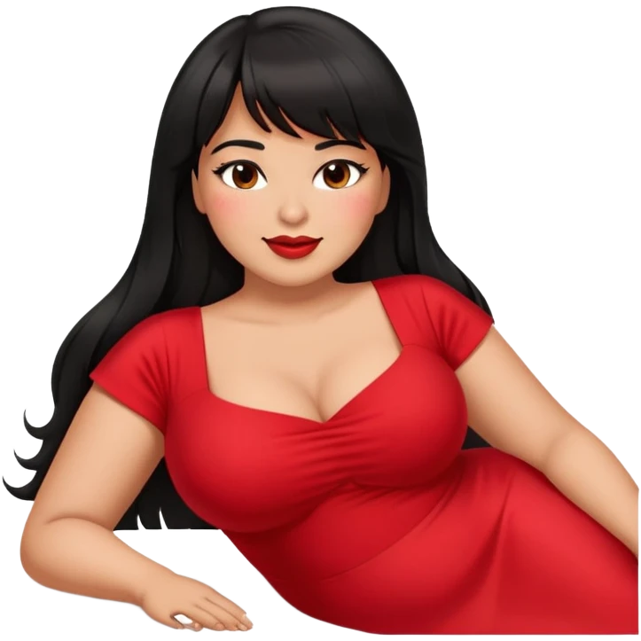 Latina medium skin tone with bangs black long hair plus size sexy red dress laying down and eye winking emoji