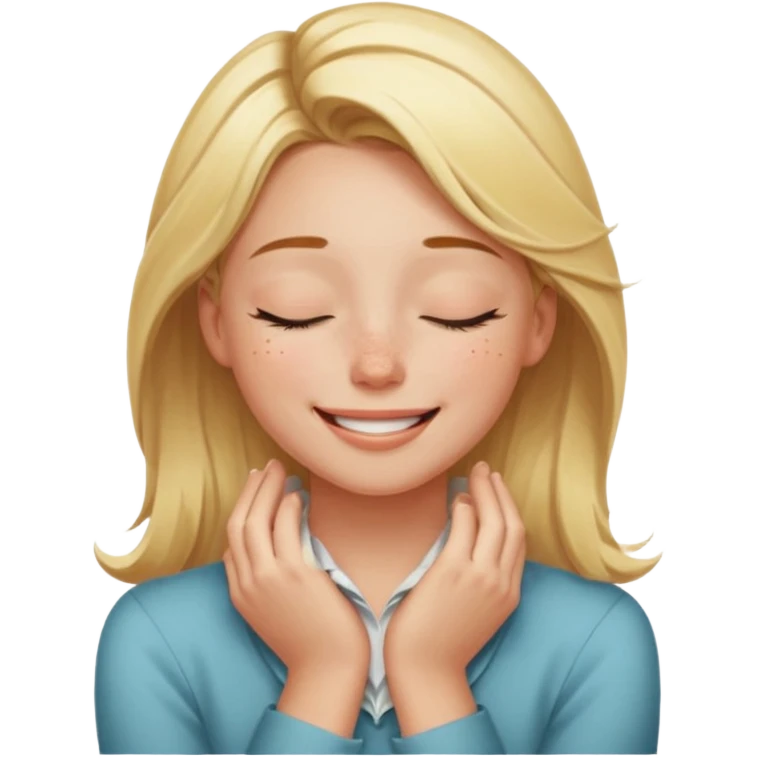 Happy blonde girl with eyes closed and mouth smiling and hands cupped around her neck emoji