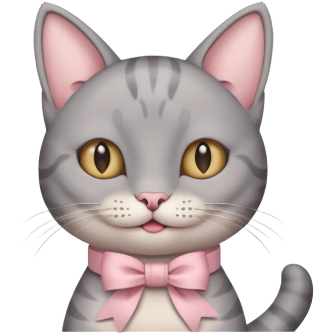 Head of a grey cat, smiling, with a loose ribbon on top of its head emoji
