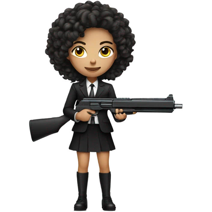 Brunette Girl with long curly hair in black suit with gun emoji