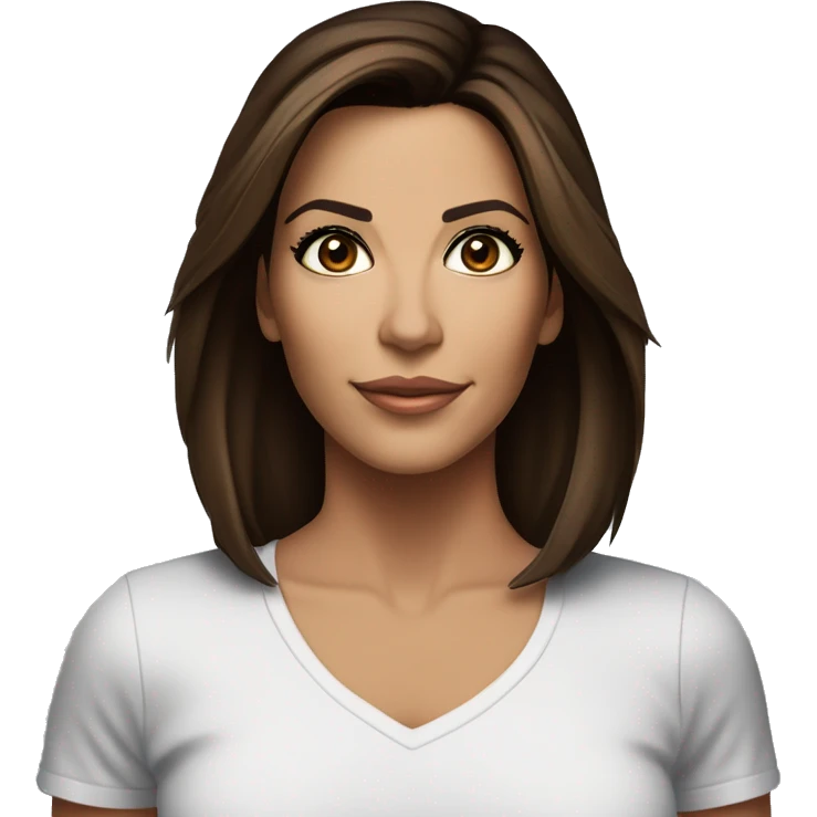 3/4 face, contrasted, shadow, light, Eva Longoria expression, standing from a distance, thin nose, brunette woman, hazel eyes, long eyelashes, dark shoulder shaded hair, white t-shirt, jeans, white sneakers emoji