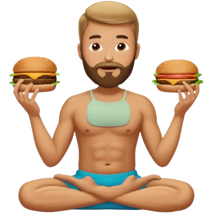 caucasian man with beard, eating burger in yoga pose emoji