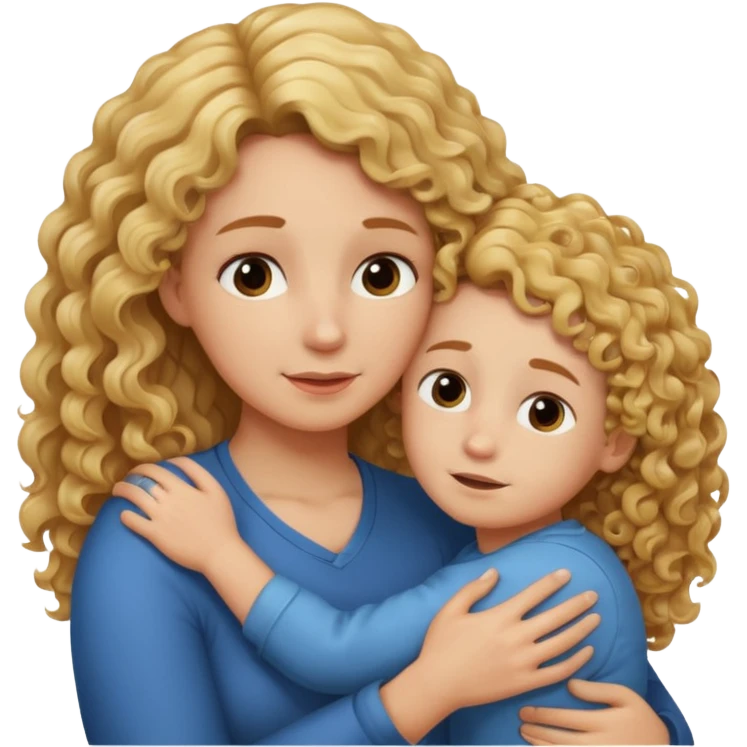 a mother with blond curly long hugging his son with brown hair and like saying its okay emoji
