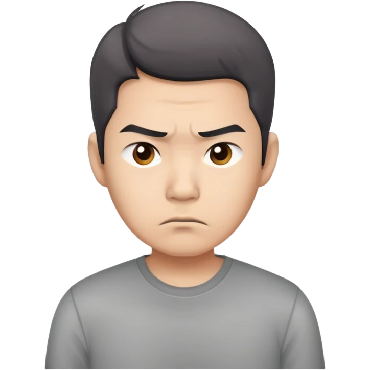 Asian man in a gray shirt with a frown emoji