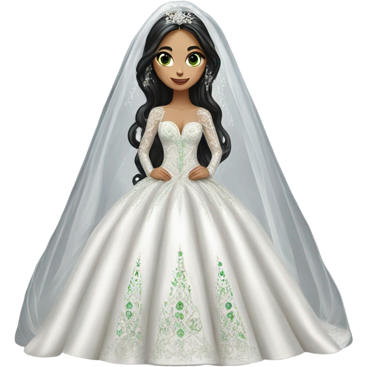 Hyper Realistic ornate ballgown long sleeve Wedding dress with diamanté on Russian bride with green eyes and long black hair with veil hyper realistic  emoji