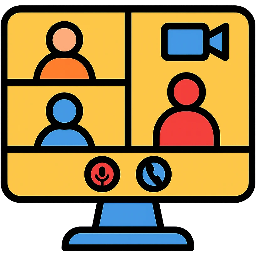 simple icon representing a videoconference, computer screen with multiple people, video call symbols, clear and recognizable emoji