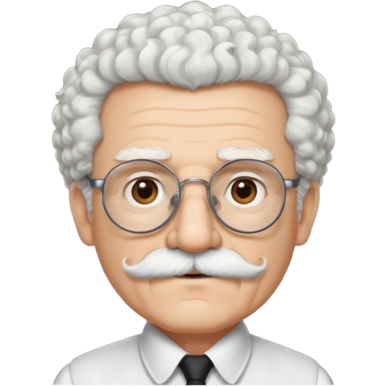 An elderly man emoji with light skin, fluffy curly white hair, thick white eyebrows, brown eyes behind black-framed glasses, a small nose, and neatly groomed white facial hair — a mustache and a short goatee. emoji