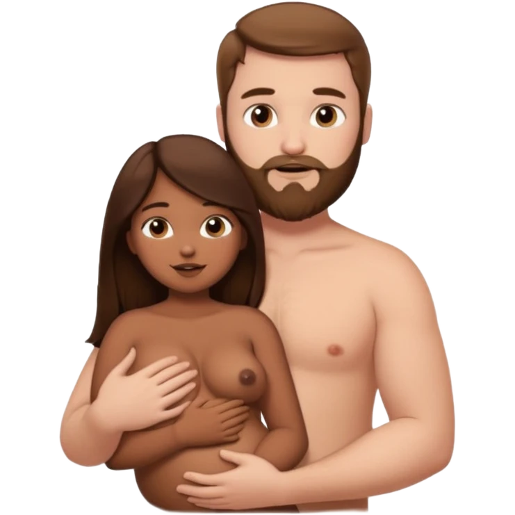 chubby white guy with brown hair and beard, holding a brown girl with long dark hair in arms, naked, showing tits and pussy emoji