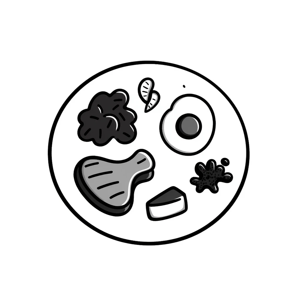 A plate with various protein foods arranged neatly: meat, egg, beans, tofu, and yogurt. emoji