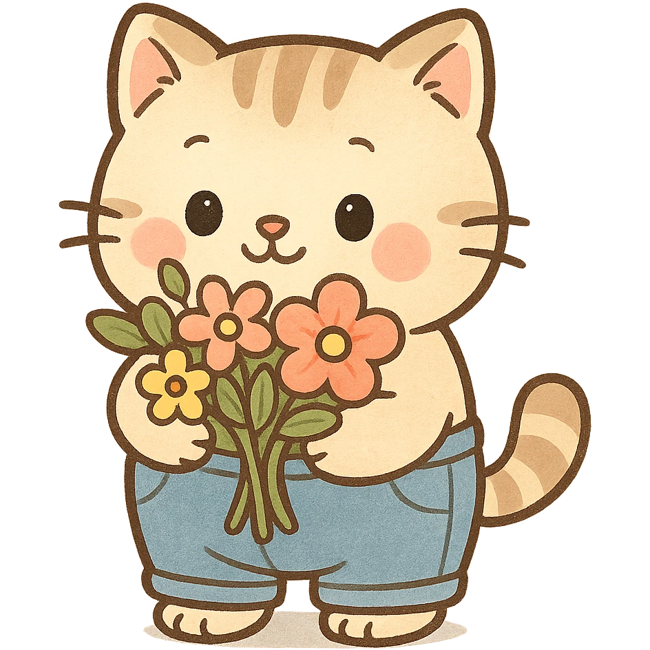 a chubby kitten wearing tiny pants and holding a bouquet of flowers, in a cute cartoon style emoji