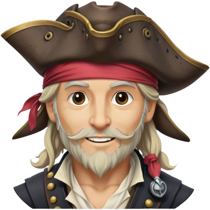Clash of Clans aesthetic: Beautiful and Majestic Pirate Portrait Emoji, Rendered in serene confidence with a gentle, enigmatic smile and a regal tricorn hat, showcasing a distinguished, weathered build with a timeless bandana and soft, wise eyes in natural skin tone, Simplified yet exquisitely endearing features, highly detailed, glowing with a soft, drowsy maritime light, high shine, calm and heroic, stylized with an air of legendary seafaring elegance, soft glowing outline, capturing the essence of a majestic pirate whose noble spirit inspires epic adventures! emoji