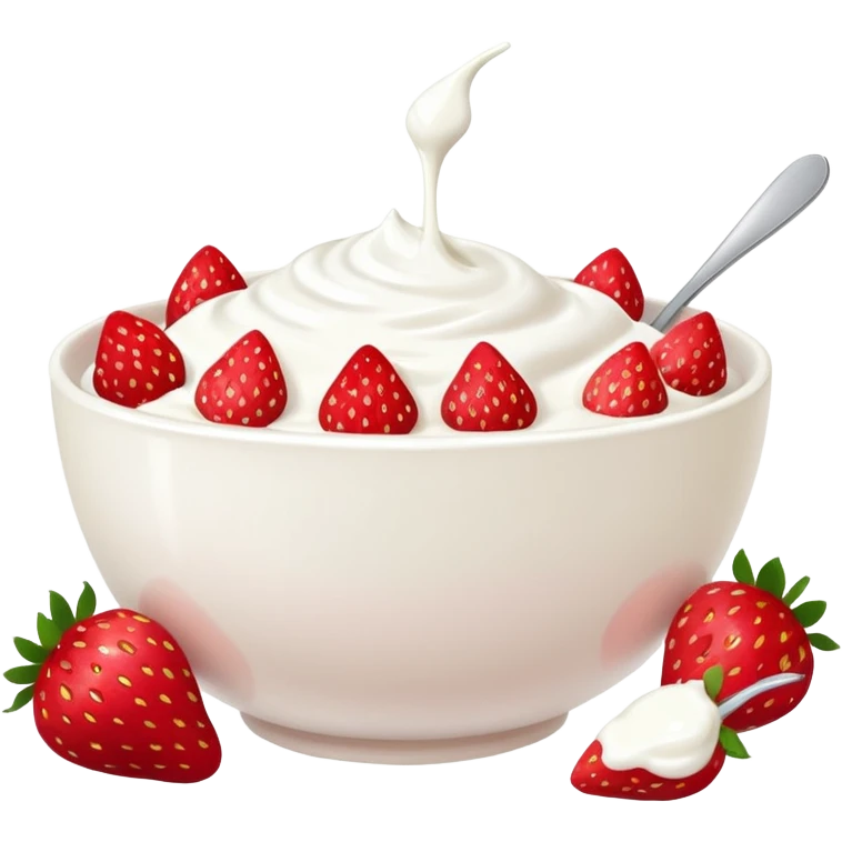 A bowl of strawberries with yogurt. emoji