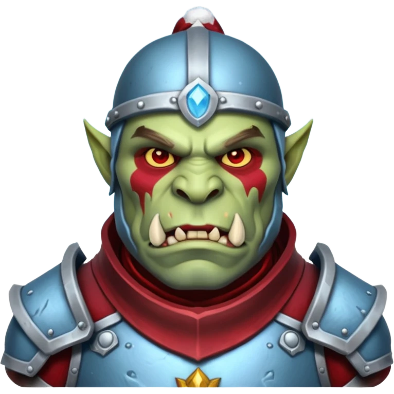 
Fantasy Christmas orc legion soldier icon, iron tundra army theme, heavy winter armor, disciplined brutal look, icy blue steel armor with deep crimson accents, frozen metal texture, cold winter atmosphere, male variant emoji