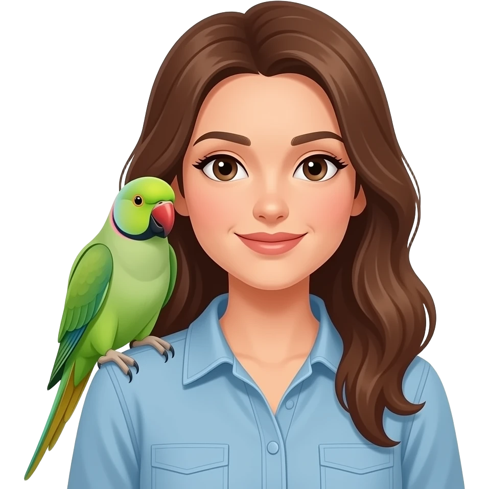 green indian ring neck parrot on a brown haired womans shoulder emoji
