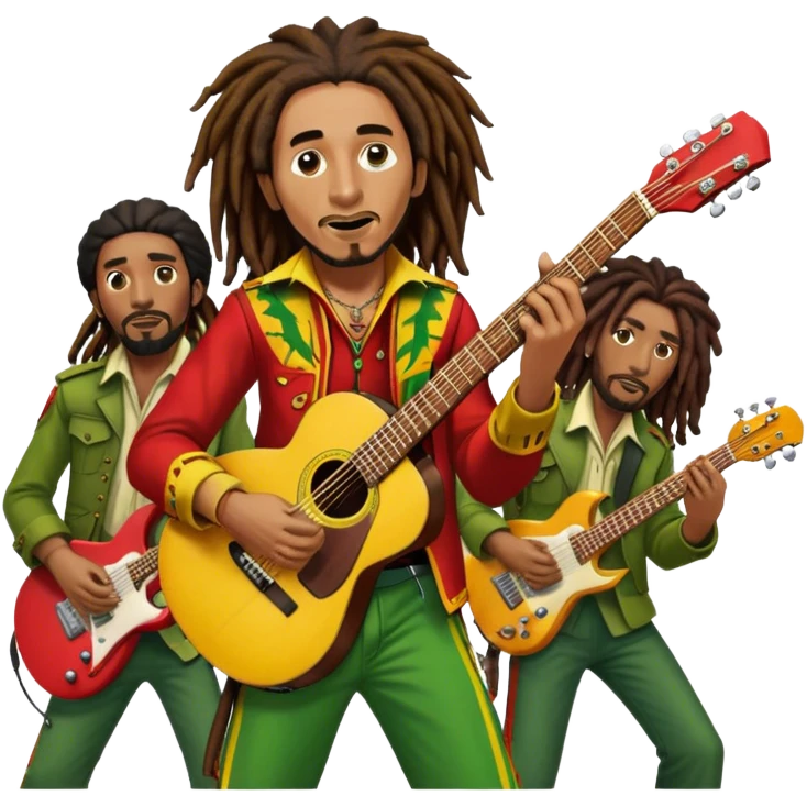 Icon for Reggae Music: Bob Marley with his guitar, surrounded by his band, The Wailers. The design should capture the laid-back, rhythmic vibe of reggae, with iconic dreadlocks and vibrant colors (red, yellow, green). Transparent background. emoji