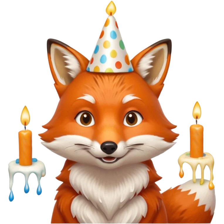 A fox wearing a birthday hat, joyfully blowing candles, portrait, bust up emoji