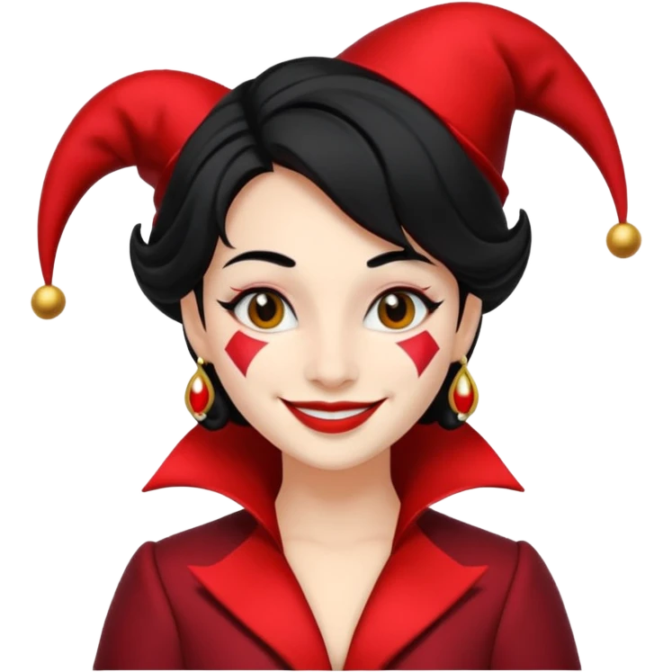 Jester woman, black and red suit, black hair emoji