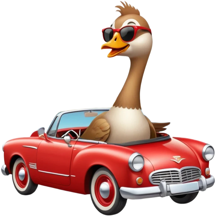 A cheerful goose wearing sunglasses, driving a vintage red convertible car with a big smile, wind blowing through its feathers, on a sunny day with a scenic background. emoji