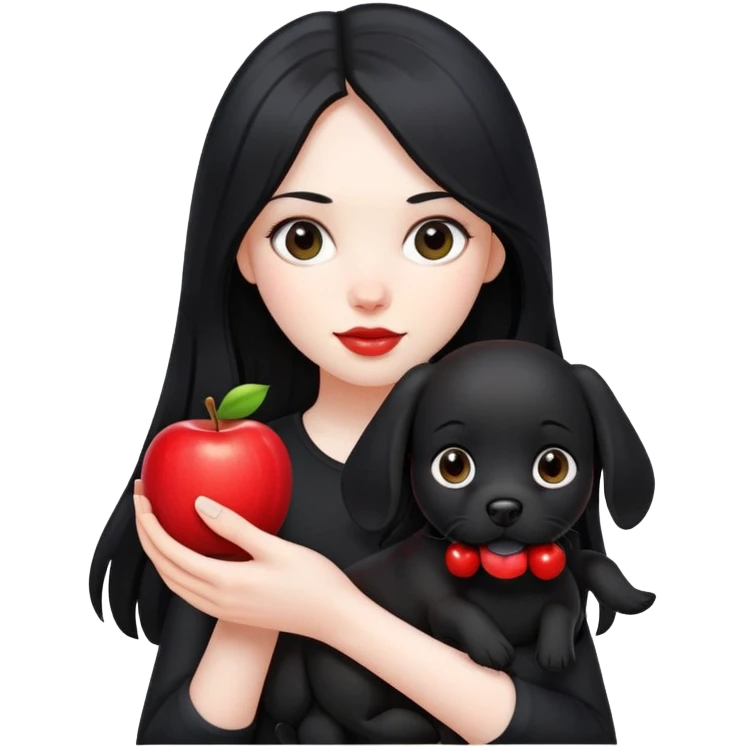 A girl with long black hair wearing black clothes holding a black dog in one hand and an apple in the other hand emoji