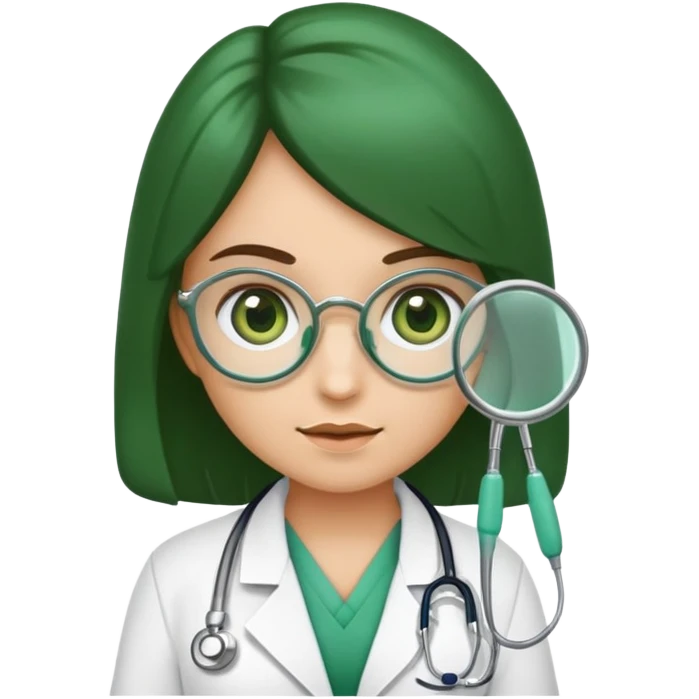 Crie um emoji de uma menina médica com olhos verdes e cabelo castanho comprido e óculos  emoji