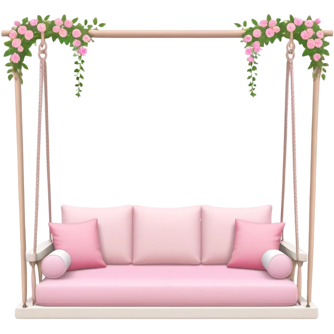 Romantic pastel-white wooden pink cushions couch-swing with tiny flowers around emoji