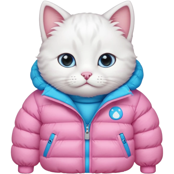 white cat bundled in a pink puffer jacket emoji
