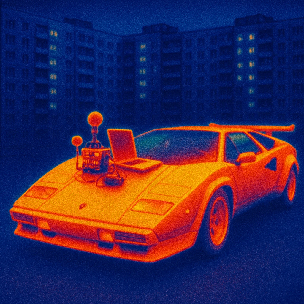 Lamborghini Countach with everything needed for sound recording and a laptop on the hood in a city background of Russian panelki emoji