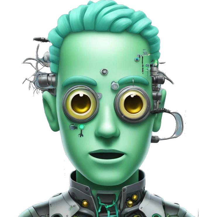 Pastel green haired male cyborg head with monocle and circuitry emoji