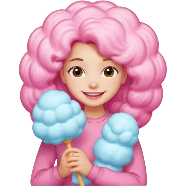 A girl hugging a big cotton candy puff with bright smile emoji
