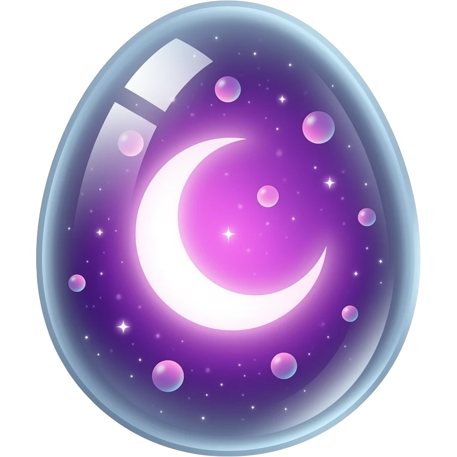 transparent glowing cosmic egg with no visible shell, fully see‑through, containing a swirling purple‑pink nebula and a luminous crecent moon, floating multicolored light orbs inside, isolated object, transparent background emoji