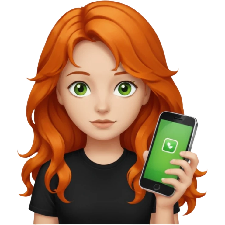 Girl with dark long orange wavy hair, green eyes, and black t-shirt and phone with app on hand emoji