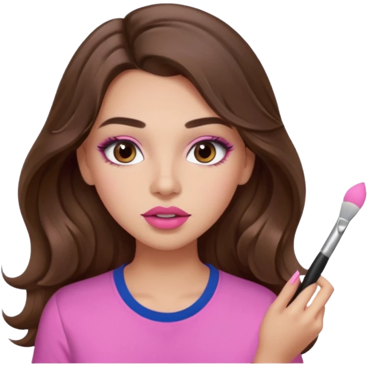 girl with long wavy brown hair, brown eyes, light to medium complexion, in a pink shirt, pink lips, long lashes, puckered lips, putting on makeup emoji
