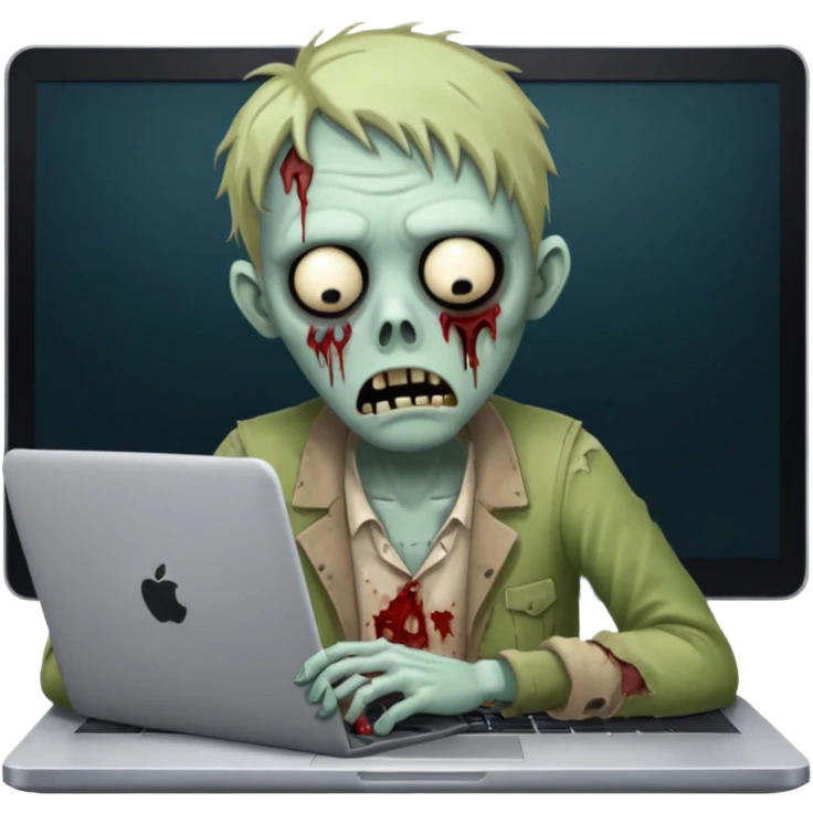 A tired sad zombie behind a laptop emoji