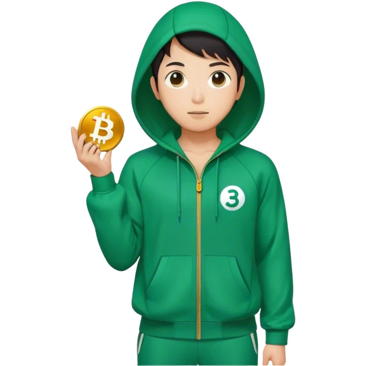 "Squid Game asian player emoji, green tracksuit with number 333, Bitcoin symbol ₿, representing his involvement with cryptocurrency emoji