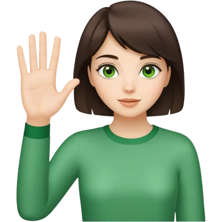 brunette girl with short hair and green eyes waving greeting with one hand brunette girl with green eyes waving greeting with one hand emoji