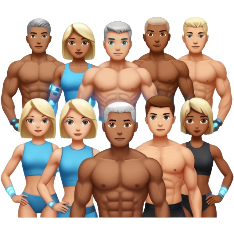 five pumped up men and women with visible cyber implants emoji