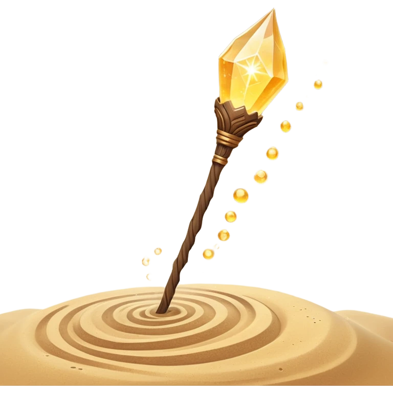 desert sand mage staff object icon, ancient wooden staff, swirling sand crystal on top, glowing golden aura, small floating sand particles, fantasy desert style, 3D cartoon, mobile game icon style, centered, clean background, soft shadow, no text, no watermark
 emoji