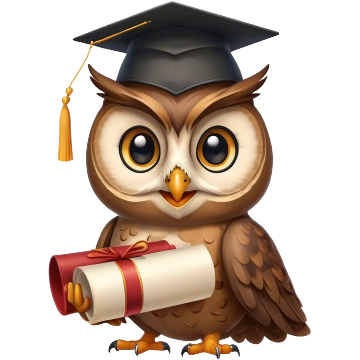 Owl smiling with graduation hat and diploma in claws emoji