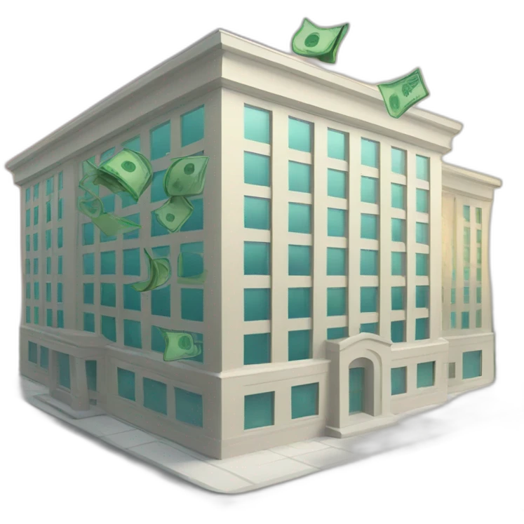 a business building with money flying around emoji