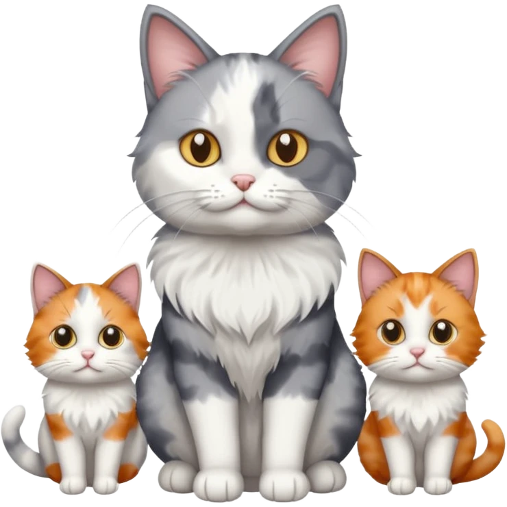 a fluffy grey and white cat sitting with 2 other cats emoji