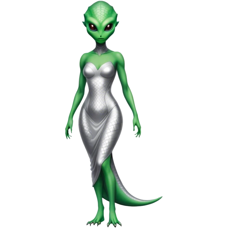 Green Alien reptilian woman in silver dress, full figure emoji