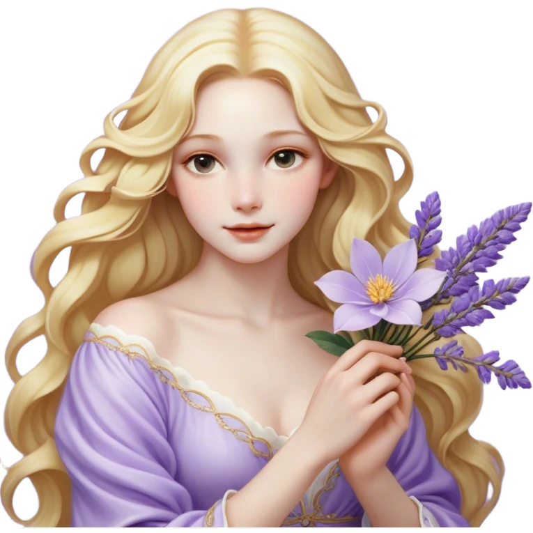 Cinematic Realistic Rapunzel Portrait, with porcelain-like skin featuring a subtle, natural glow, illuminated by soft lighting that brings out the gentle contours of her face. Her long, golden blonde hair cascades in detailed waves, each strand highlighted with a radiant shimmer as it catches the light. She playfully holds a flower in one hand, her other hand resting casually in her lap, with a warm and spirited expression. Her bright, expressive green eyes exude curiosity and warmth, framed by delicate lashes and soft, arched brows. She is dressed in her classic lavender and pink gown, the fabric textured with delicate folds that flow naturally, catching the light with a soft, radiant glow. The portrait captures a luminous, enchanting aura, seamlessly blending realism with a whimsical, fairytale charm, evoking a timeless sense of beauty and magic. emoji