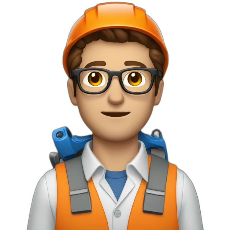 a guy with brown hair, square glasses, an orange repairman's suit, blue eyes, with a chainsaw emoji