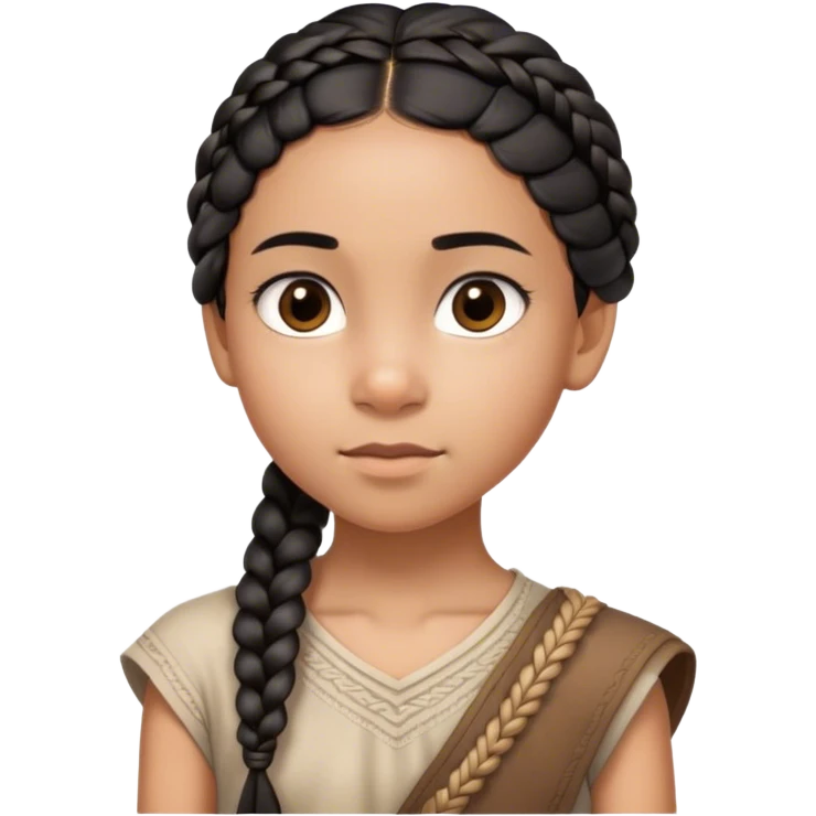 A thin 10-year-old mixed-race girl with almost black hair braided into a single plait draped over her shoulder and dark brown eye emoji