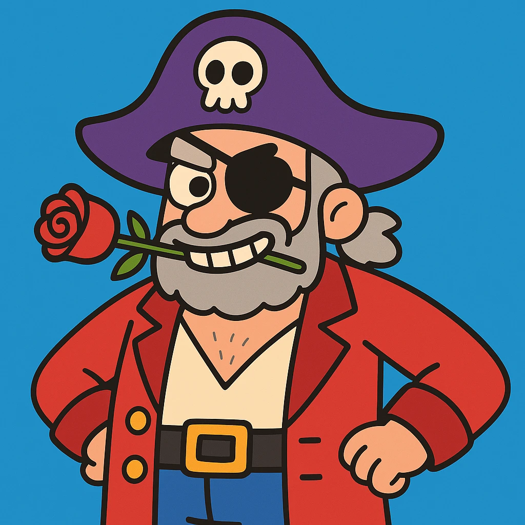Make the pirate's beard shorter and change his hair to grey. Keep the playful cartoon style with a left eye patch and a rose in the mouth. emoji