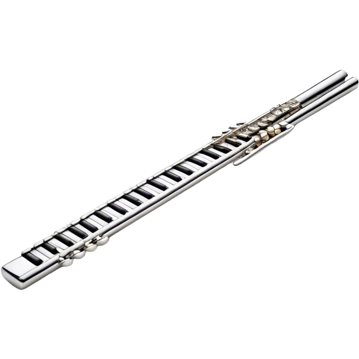 Cinematic Realistic Flute, polished silver metal with precise keywork, soft reflections of warm light dancing along its length, a musician’s delicate fingers pressing the keys, glowing with a sleek and elegant charm. emoji