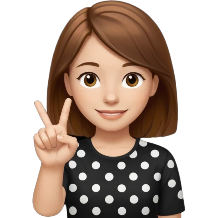 girl wearing a  black polka white dots  shirt style, and poiting witgh her hand, her hair brown  emoji
